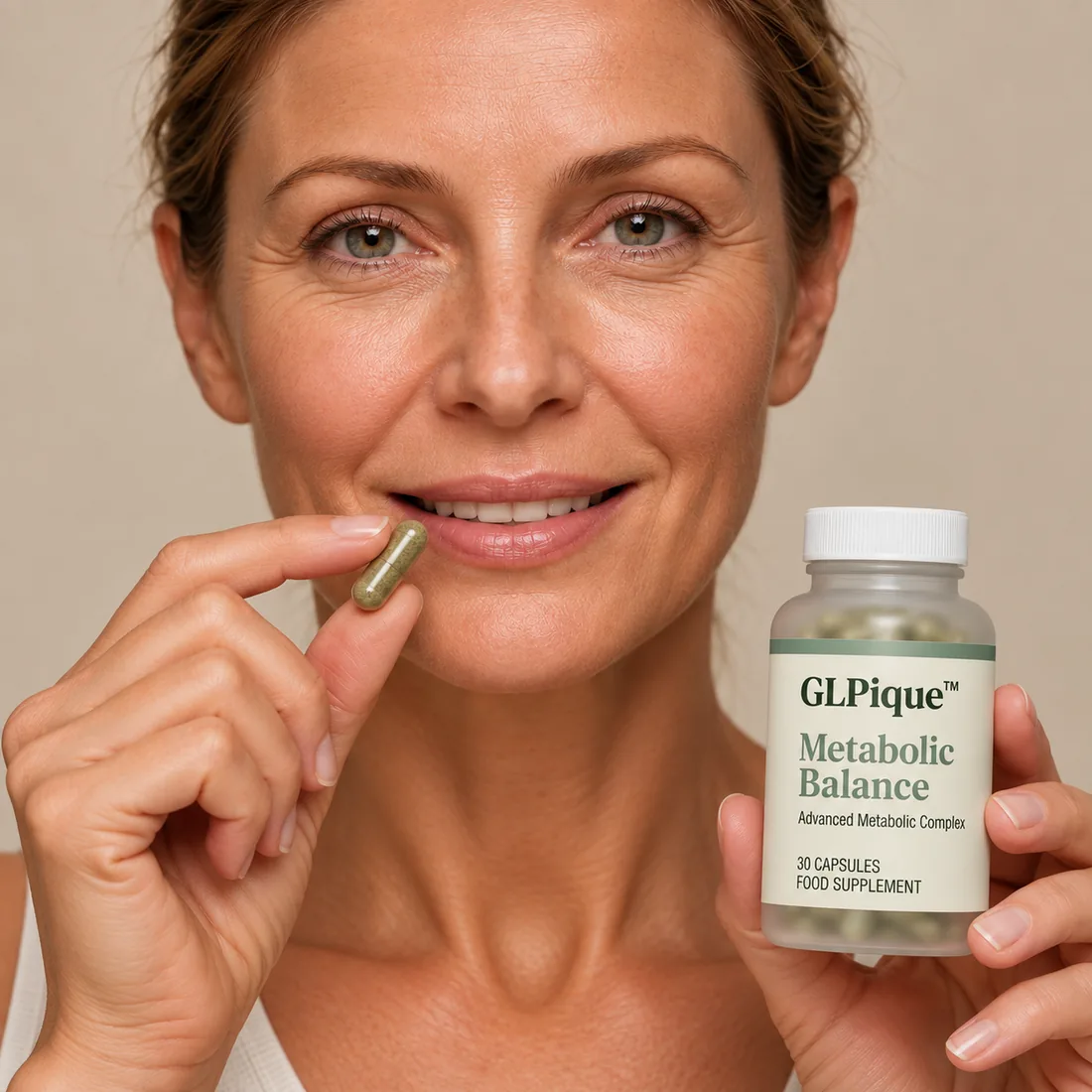 Frau mit einer GLPique-Kapsel und Flasche